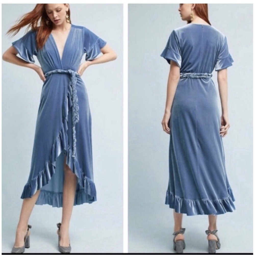 MISA  Los Angeles Selina Velvet Wrap Dress Size Large Maxi Blue  Formal Cocktail